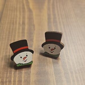 Snowman Wooden Earrings with Black Hats